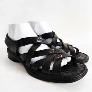 Josef‎ Seibel Black Leather European Comfort Sandals Strappy Flats Size 9 / 40